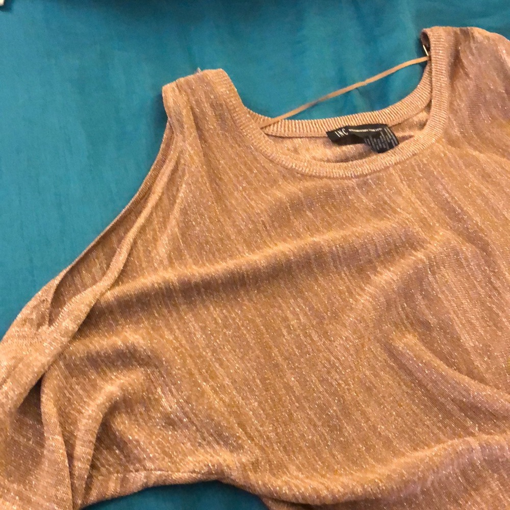 INC International Concepts Gold Metallic Draped Cold Shoulder Top